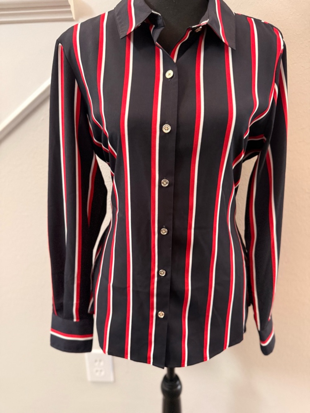 Tommy Hilfiger Black Button-Up Blouse with Red & White Stripes